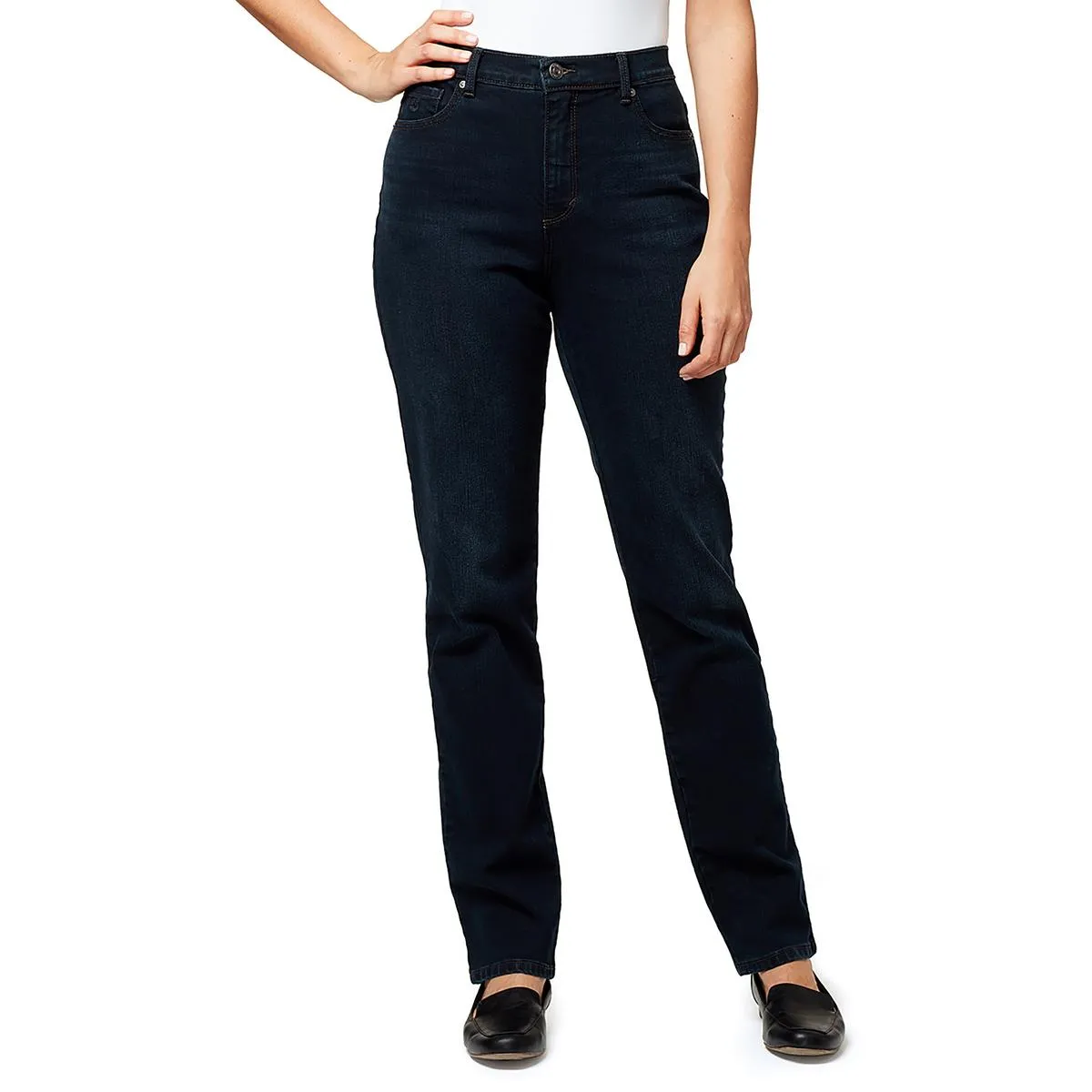 Petites Amanda Womens Classic Rise Medium Wash Tapered Leg Jeans