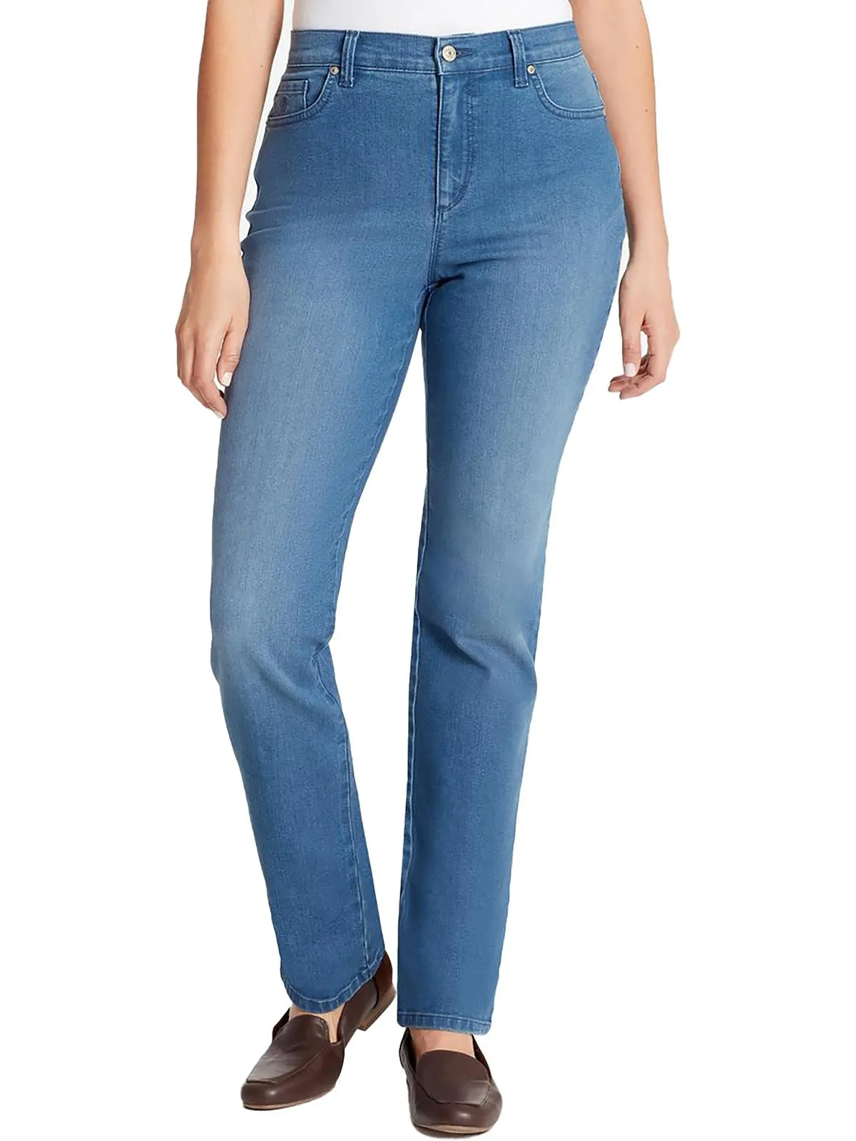 Petites Amanda Womens Classic Rise Medium Wash Tapered Leg Jeans