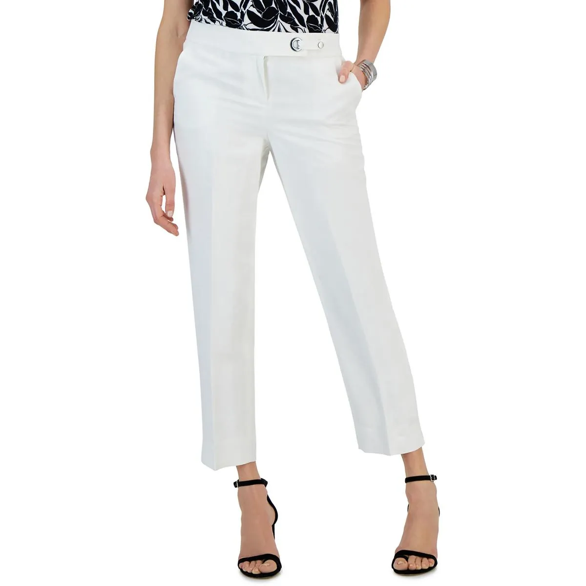 Petites Womens Linen Side Slit Cropped Pants