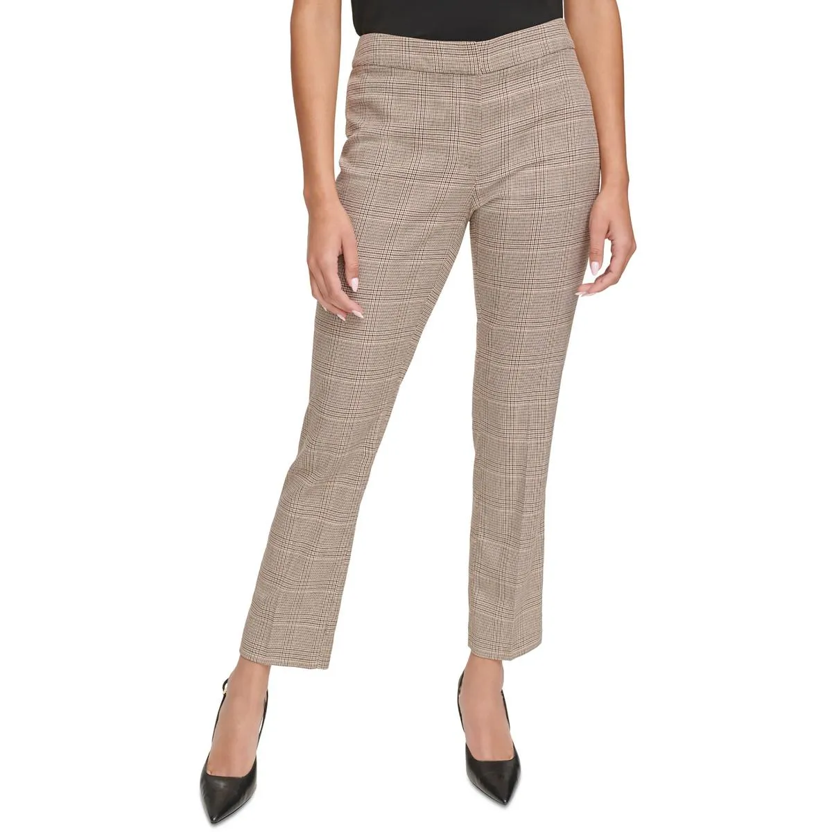 Petites Womens Mid-Rise Glen Plaid Straight Leg Pants