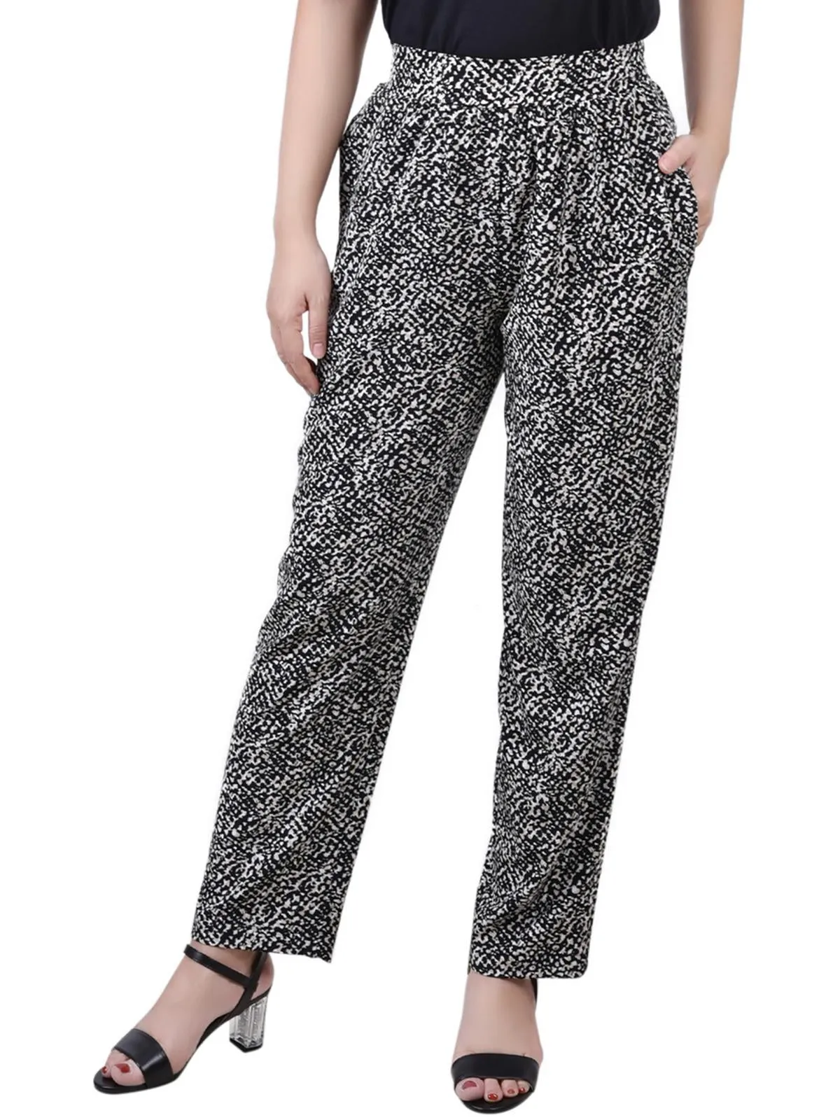 Petites Womens Printed Mid Rise Straight Leg Pants