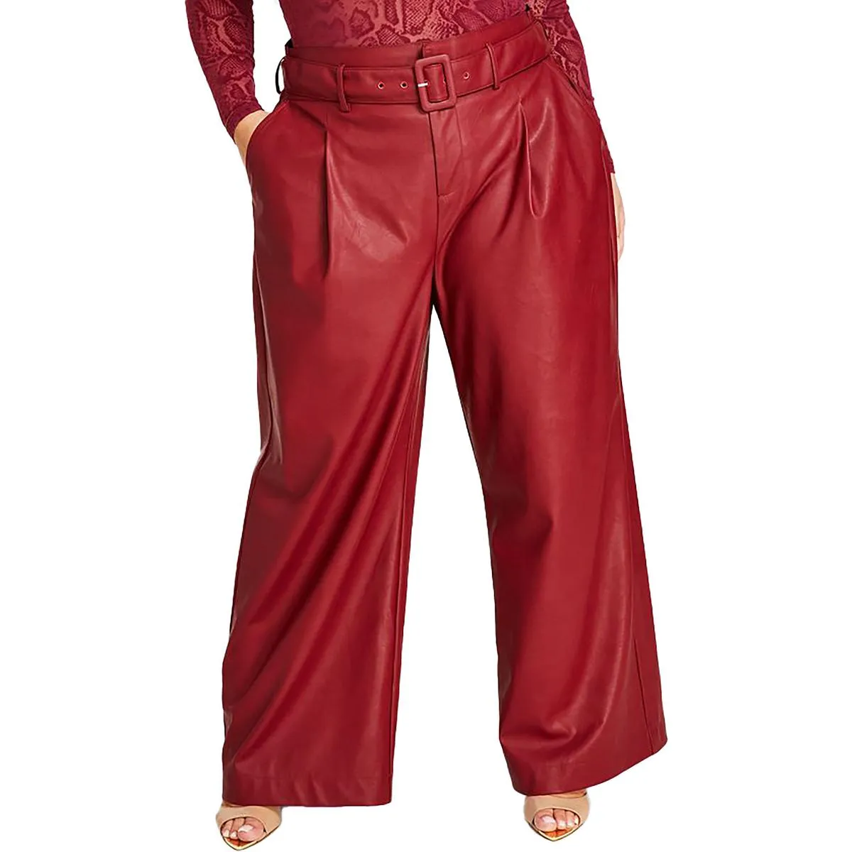 Plus Womens Faux Leather Belted Wide Leg Pants
