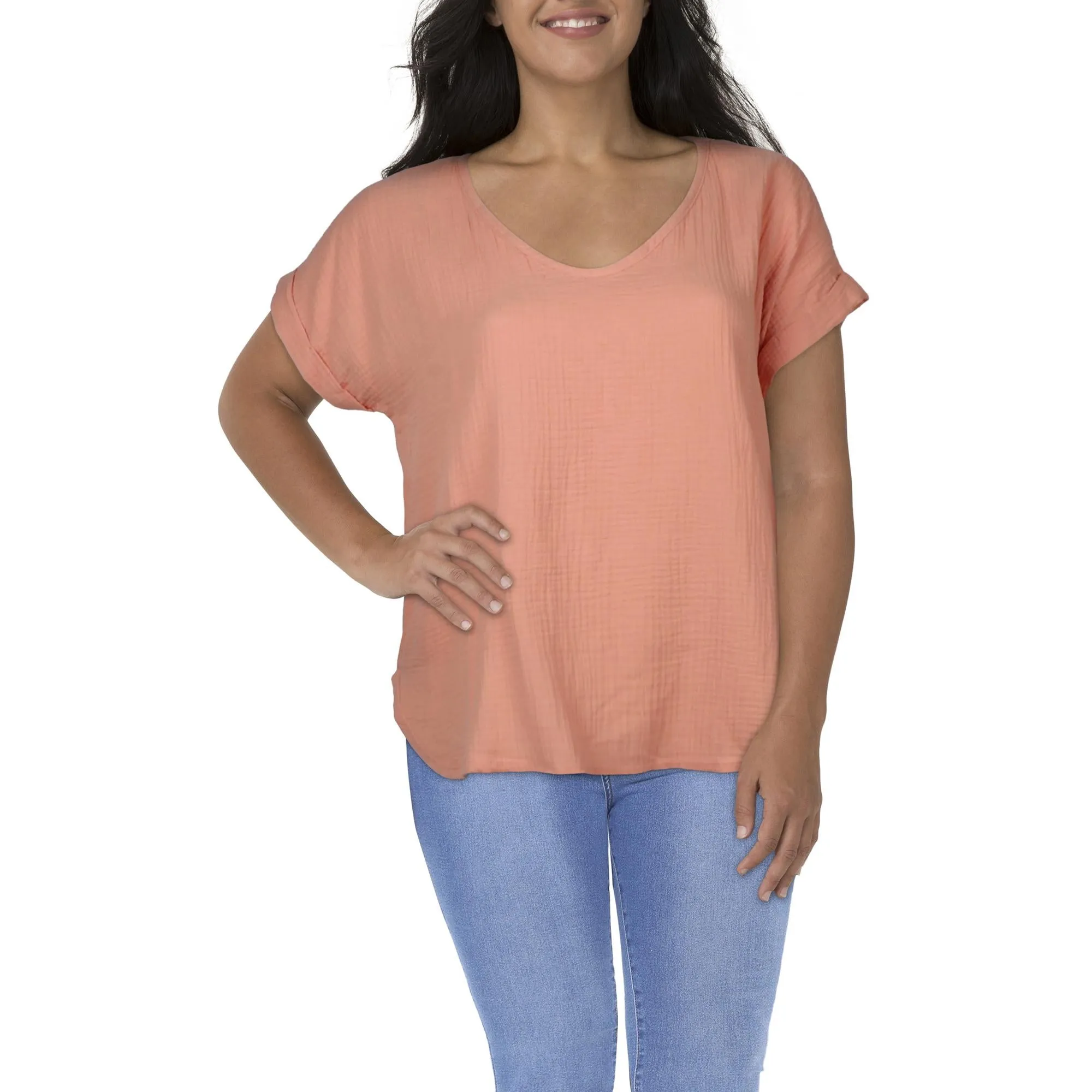 Plus Womens Gauze V-Neck T-Shirt