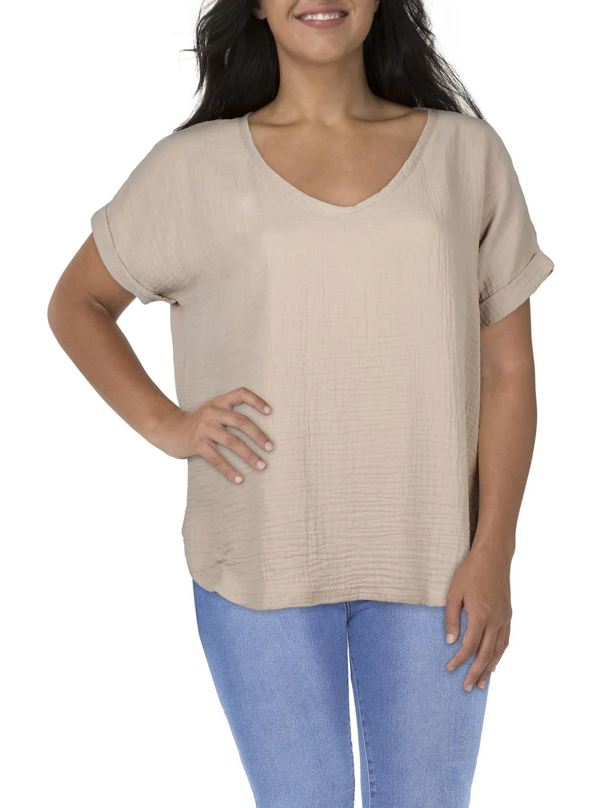 Plus Womens Gauze V-Neck T-Shirt