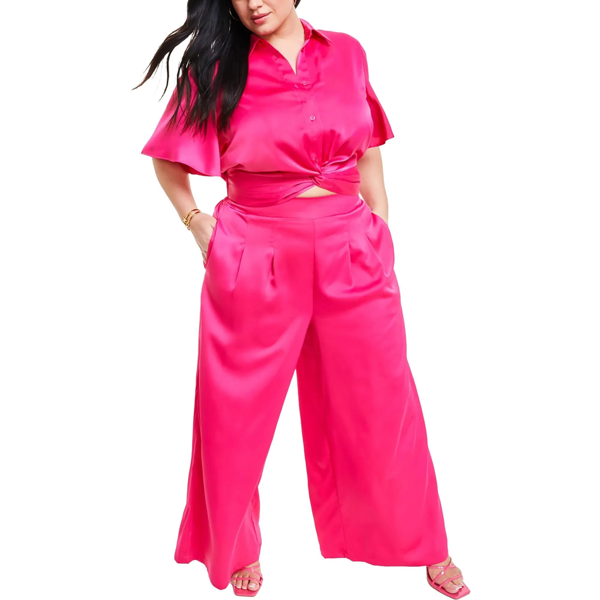 Plus Womens High Rise Solid Wide Leg Pants