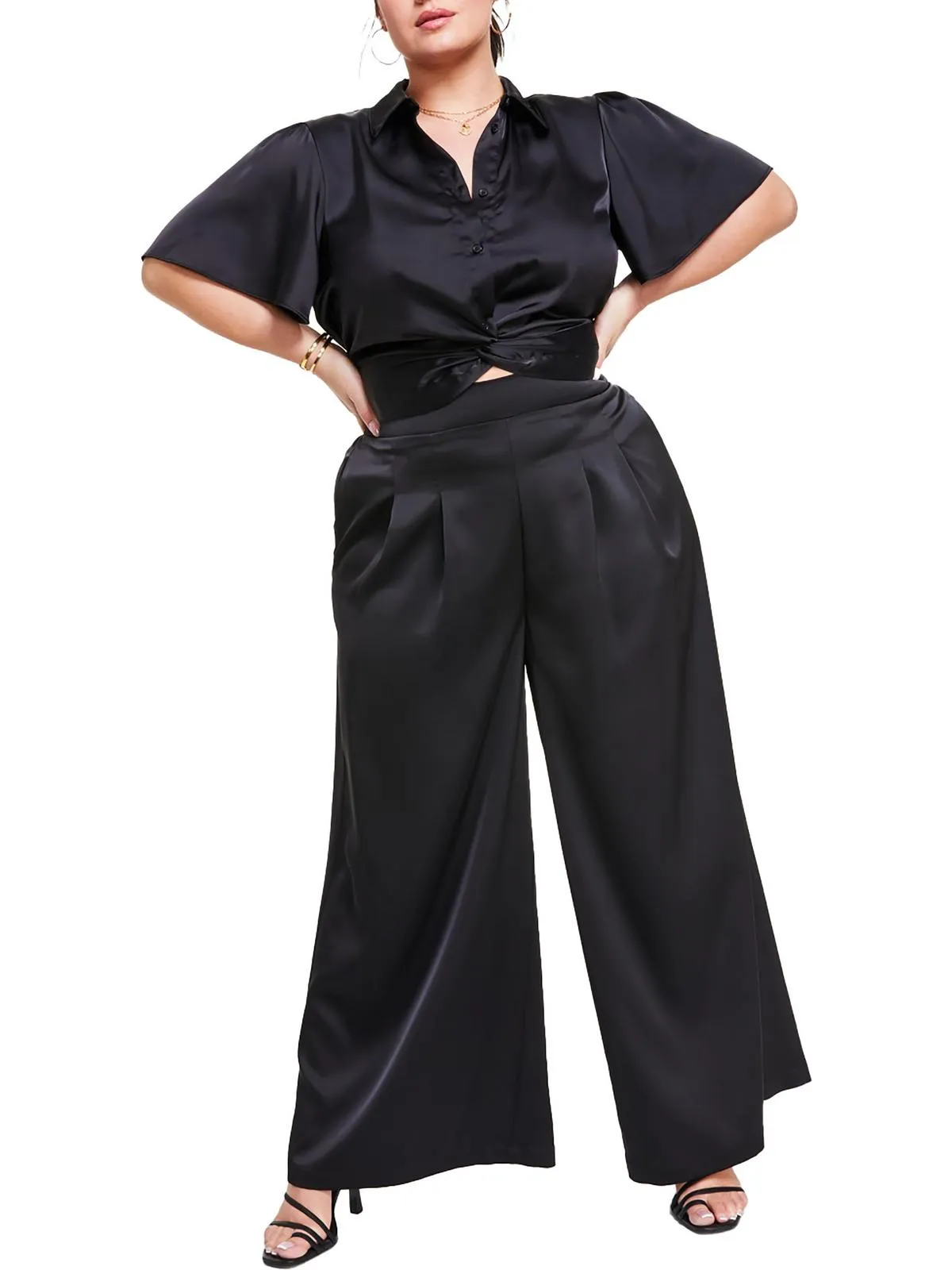 Plus Womens High Rise Solid Wide Leg Pants