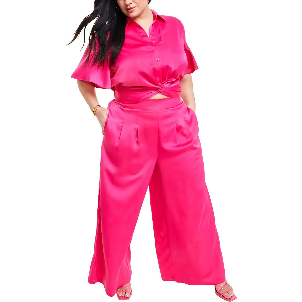 Plus Womens High Rise Solid Wide Leg Pants