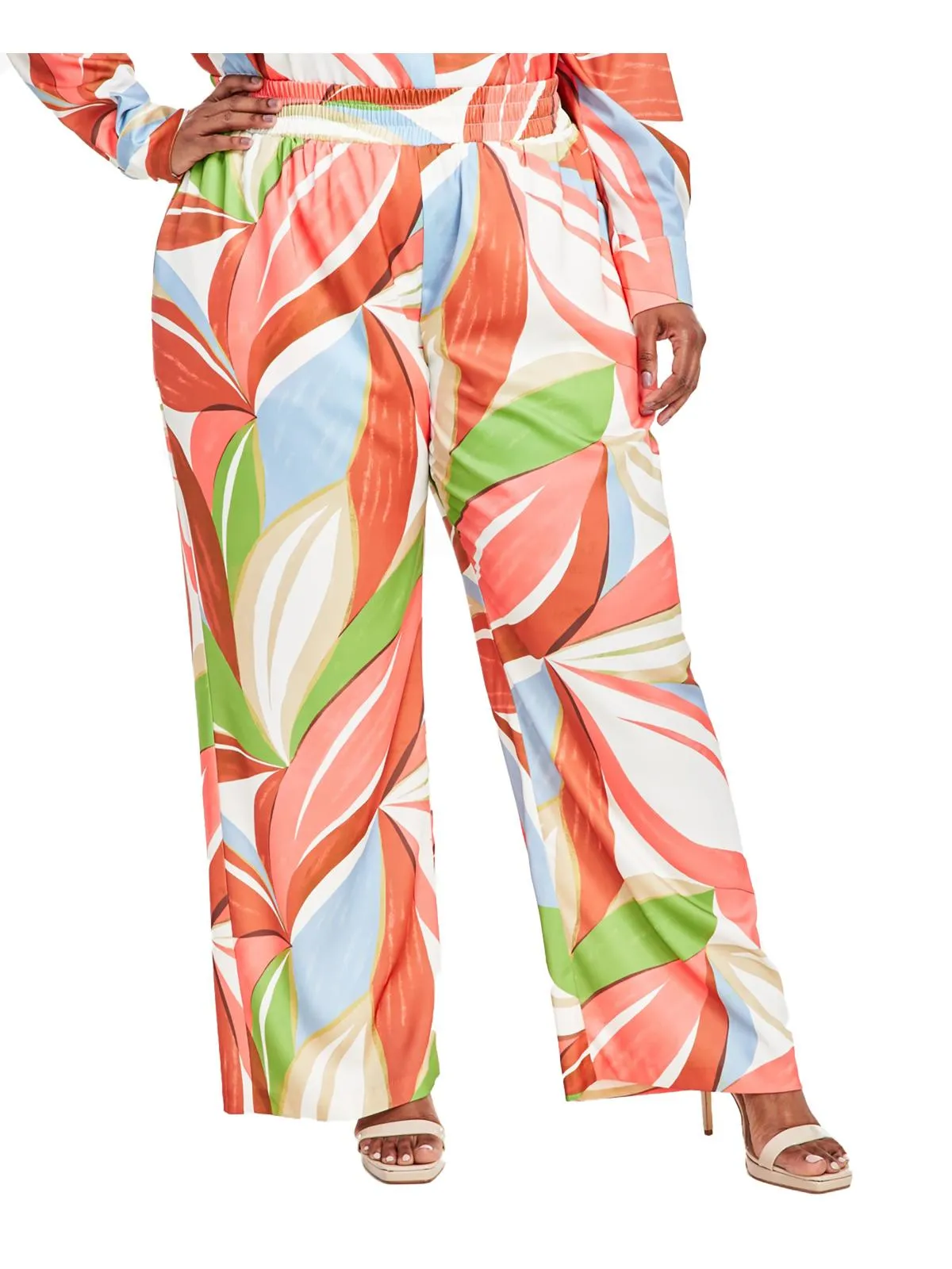 Plus Womens Tropical Print Pull On Wide Leg Pants