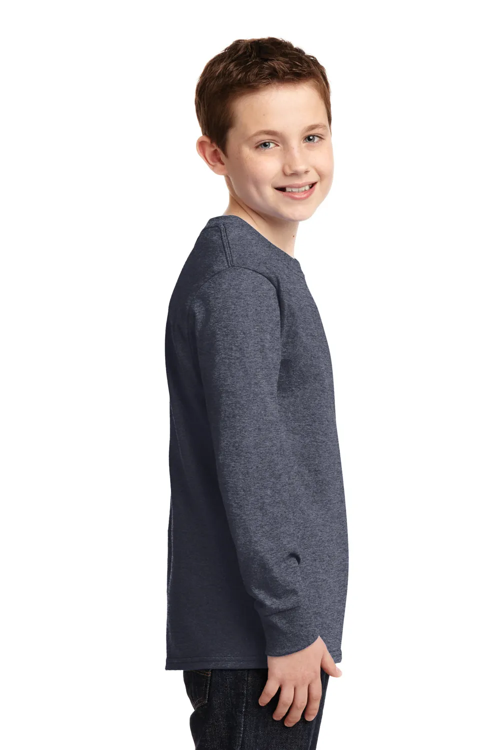 Port & Company Youth Core Long Sleeve Crewneck T-Shirt - Heather Navy Blue