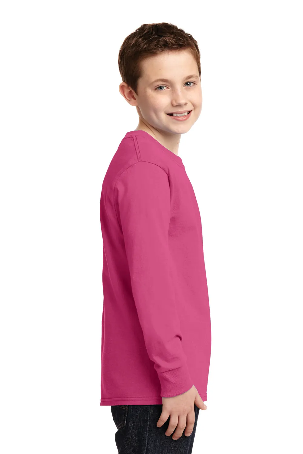 Port & Company Youth Core Long Sleeve Crewneck T-Shirt - Sangria Pink