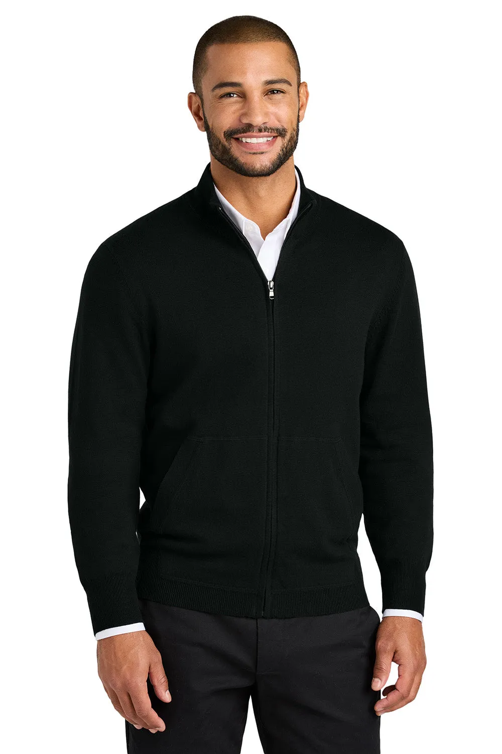 Port Authority Mens Easy Care Long Sleeve Full Zip Sweater w/ Pockets - Deep Black