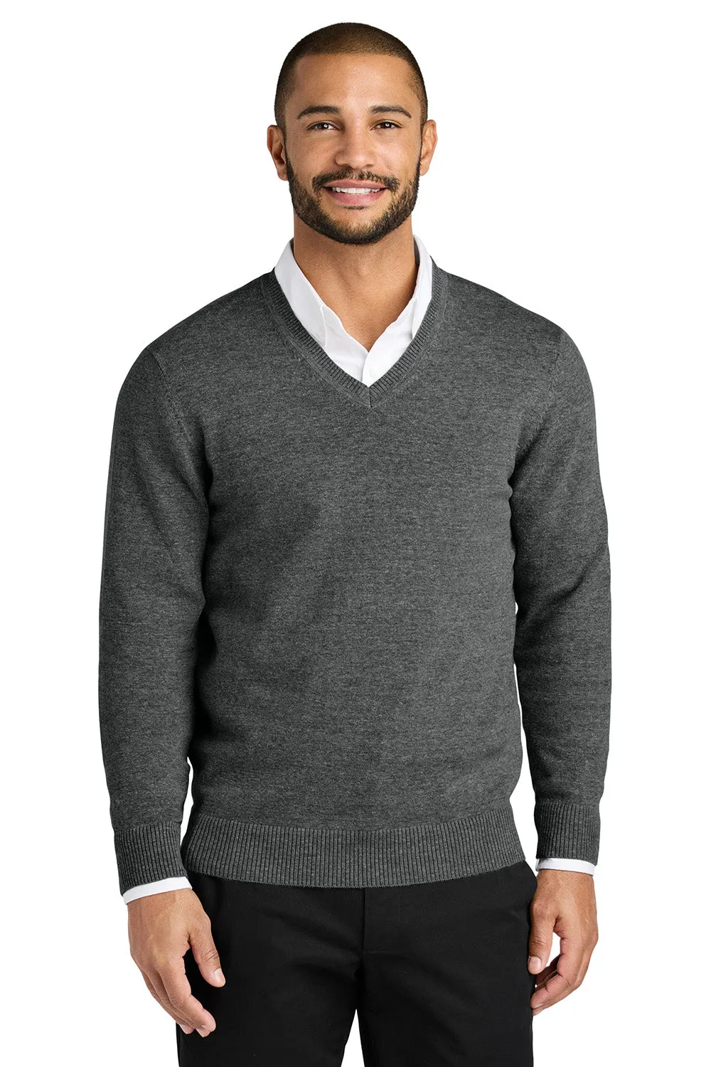 Port Authority Mens Easy Care Long Sleeve V-Neck Sweater - Heather Charcoal Grey