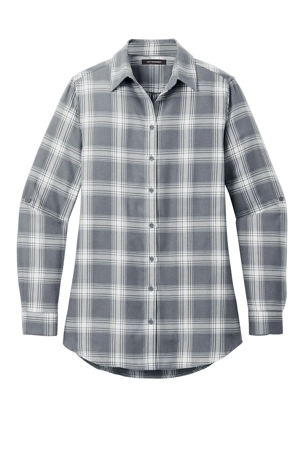 Port Authority Womens Flannel Long Sleeve Button Down Shirt - Grey/Cream Open Plaid