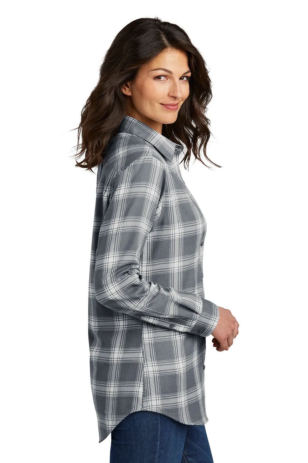 Port Authority Womens Flannel Long Sleeve Button Down Shirt - Grey/Cream Open Plaid