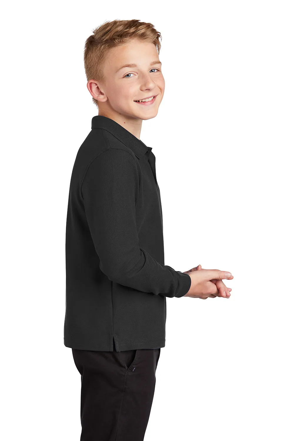 Port Authority Youth Silk Touch Wrinkle Resistant Long Sleeve Polo Shirt - Black