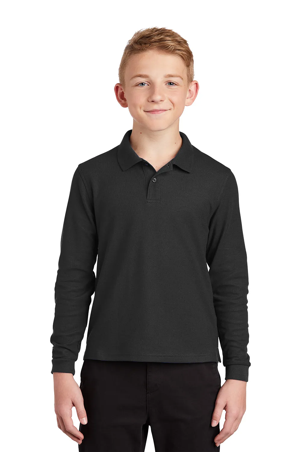 Port Authority Youth Silk Touch Wrinkle Resistant Long Sleeve Polo Shirt - Black