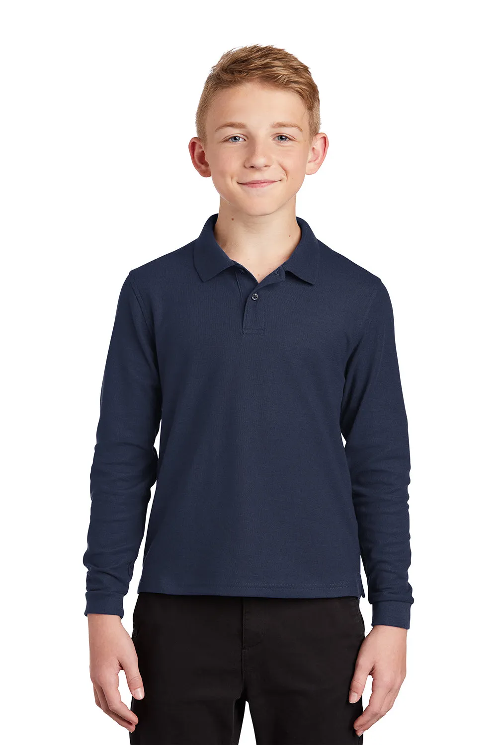 Port Authority Youth Silk Touch Wrinkle Resistant Long Sleeve Polo Shirt - Navy Blue