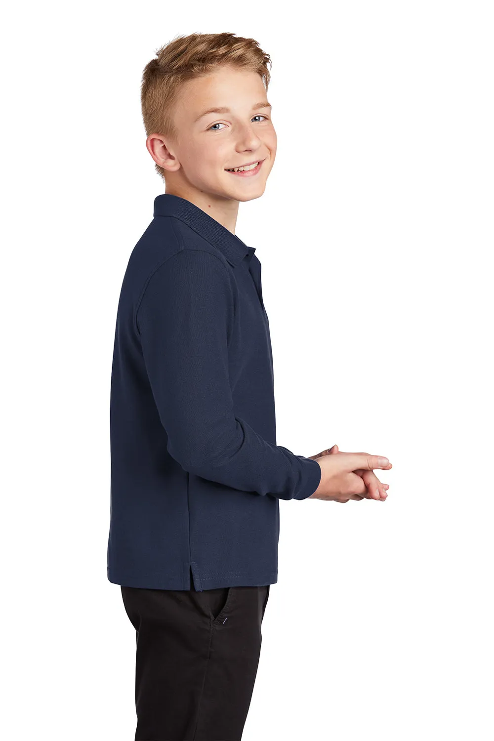 Port Authority Youth Silk Touch Wrinkle Resistant Long Sleeve Polo Shirt - Navy Blue