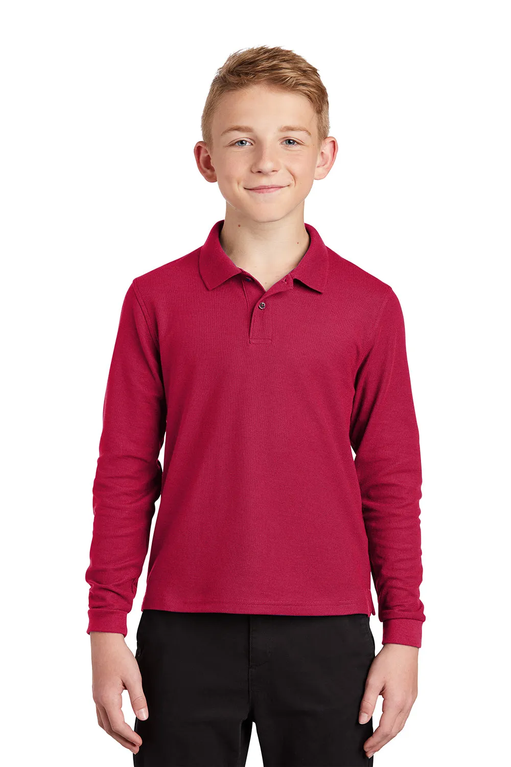 Port Authority Youth Silk Touch Wrinkle Resistant Long Sleeve Polo Shirt - Red