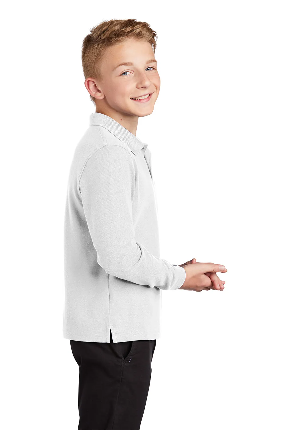 Port Authority Youth Silk Touch Wrinkle Resistant Long Sleeve Polo Shirt - White