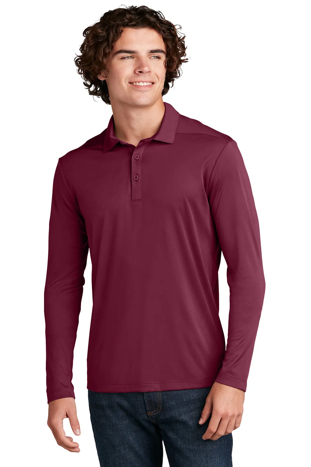 Sport-Tek Mens Moisture Wicking Long Sleeve Polo Shirt - Cardinal Red - Closeout