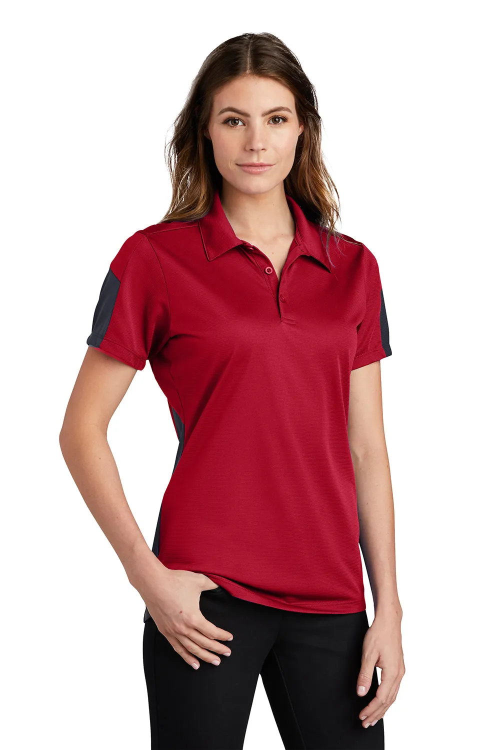 Sport-Tek Womens Active Mesh Moisture Wicking Short Sleeve Polo Shirt - True Red/Grey - Closeout
