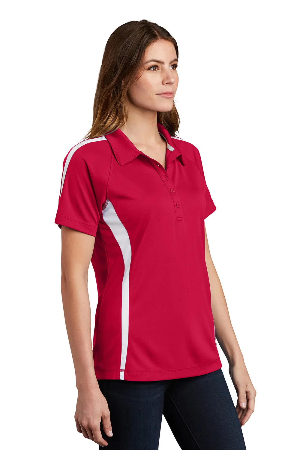 Sport-Tek Womens Micro-Mesh Moisture Wicking Short Sleeve Polo Shirt - True Red/White