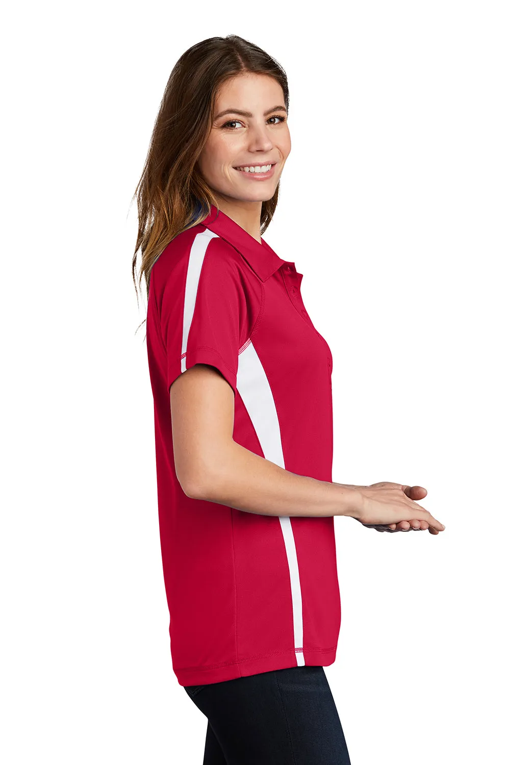 Sport-Tek Womens Micro-Mesh Moisture Wicking Short Sleeve Polo Shirt - True Red/White