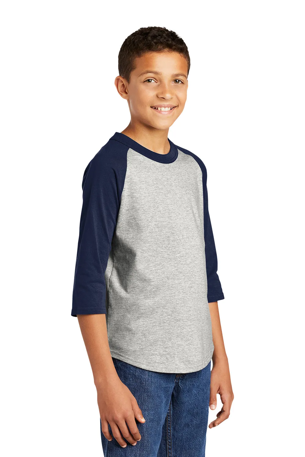 Sport-Tek Youth 3/4 Sleeve Crewneck T-Shirt - Heather Grey/Navy Blue