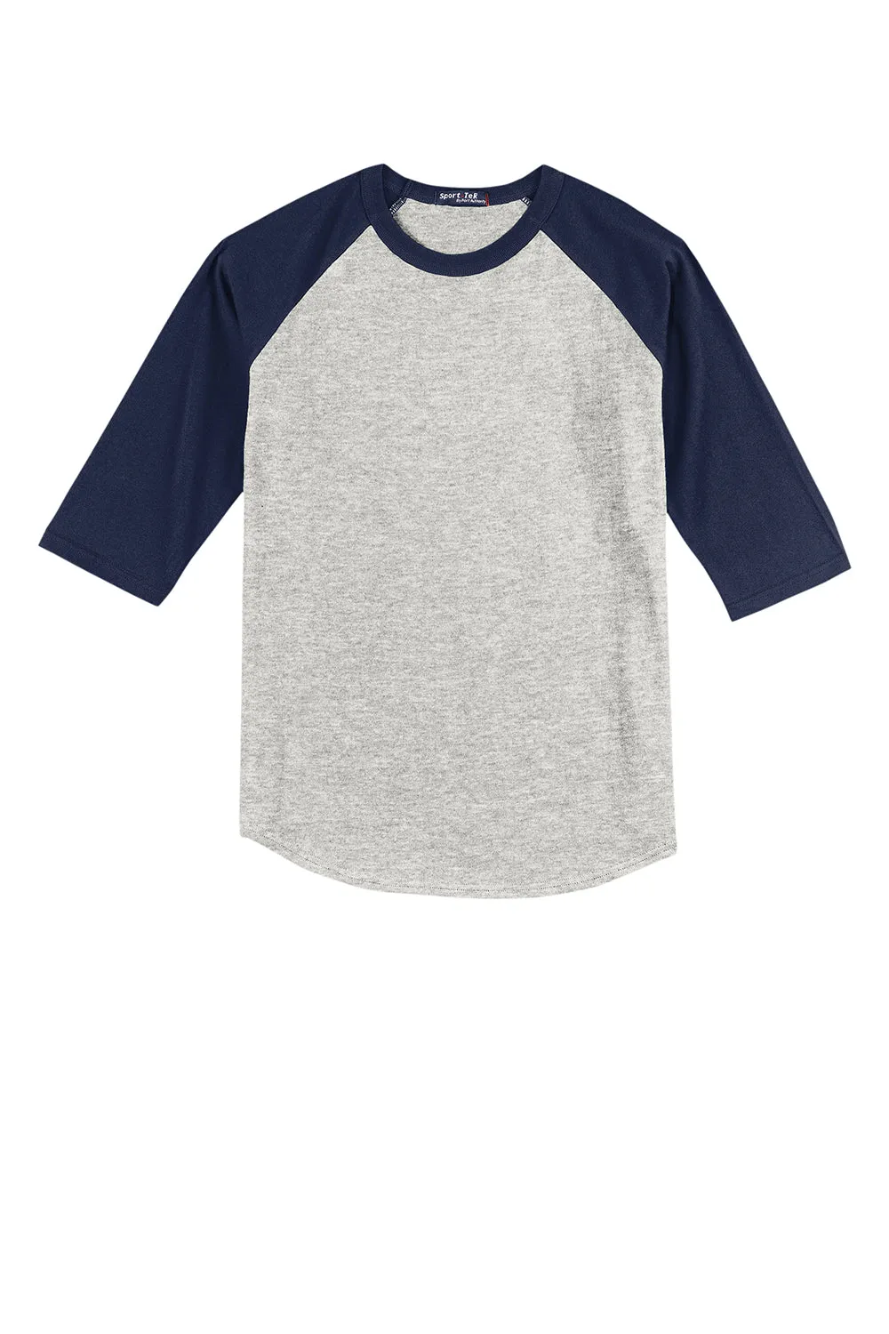 Sport-Tek Youth 3/4 Sleeve Crewneck T-Shirt - Heather Grey/Navy Blue
