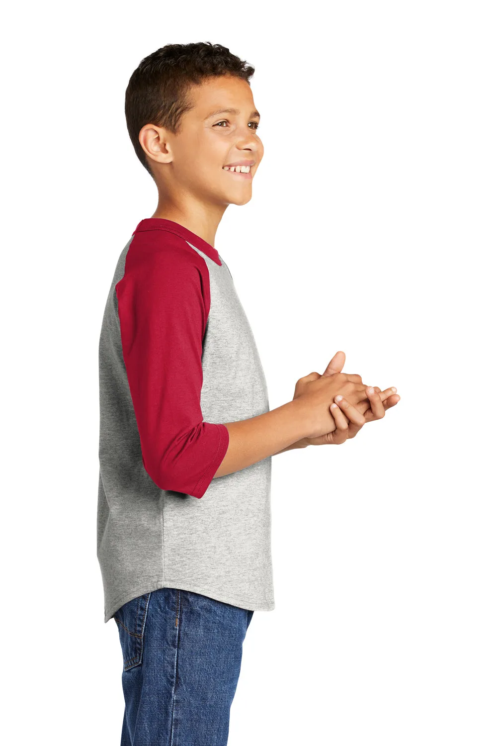 Sport-Tek Youth 3/4 Sleeve Crewneck T-Shirt - Heather Grey/Red