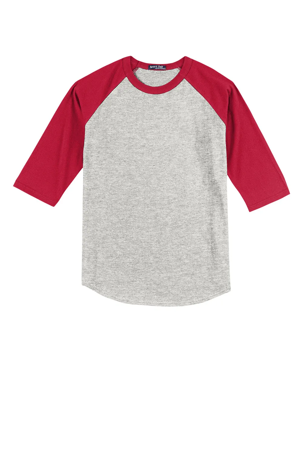 Sport-Tek Youth 3/4 Sleeve Crewneck T-Shirt - Heather Grey/Red