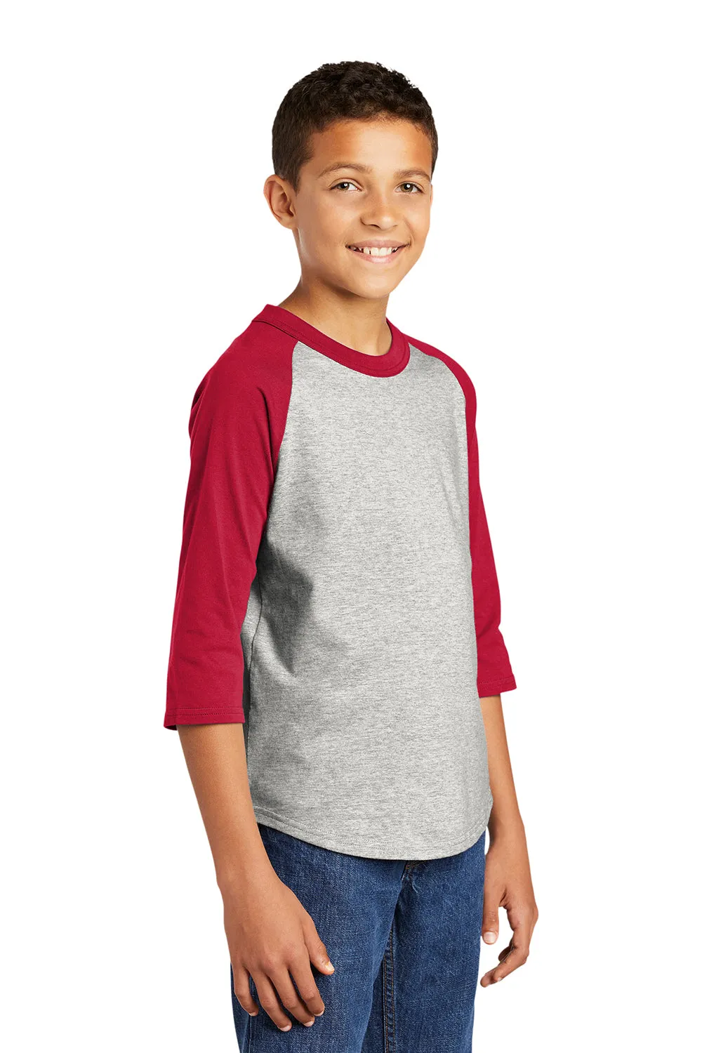 Sport-Tek Youth 3/4 Sleeve Crewneck T-Shirt - Heather Grey/Red