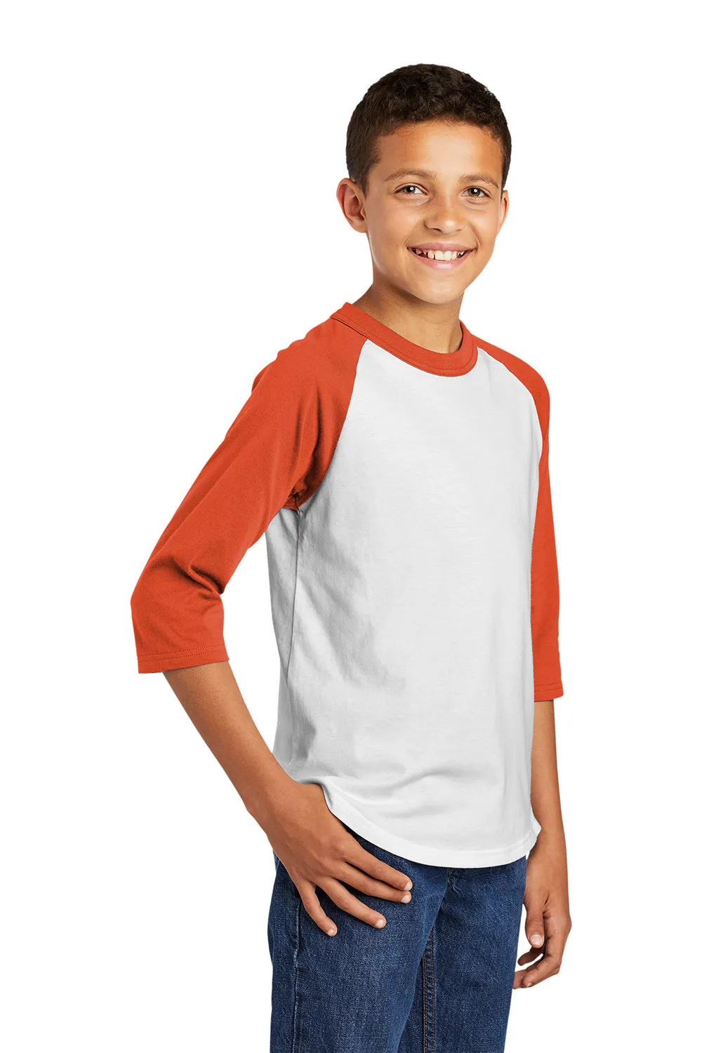 Sport-Tek Youth 3/4 Sleeve Crewneck T-Shirt - White/Deep Orange
