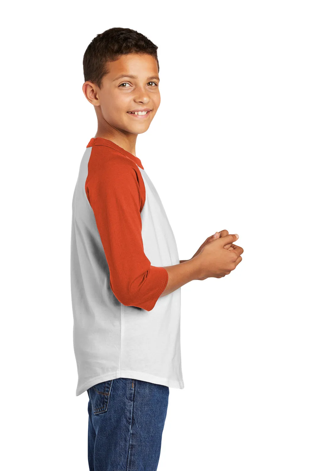 Sport-Tek Youth 3/4 Sleeve Crewneck T-Shirt - White/Deep Orange