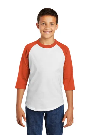Sport-Tek Youth 3/4 Sleeve Crewneck T-Shirt - White/Deep Orange