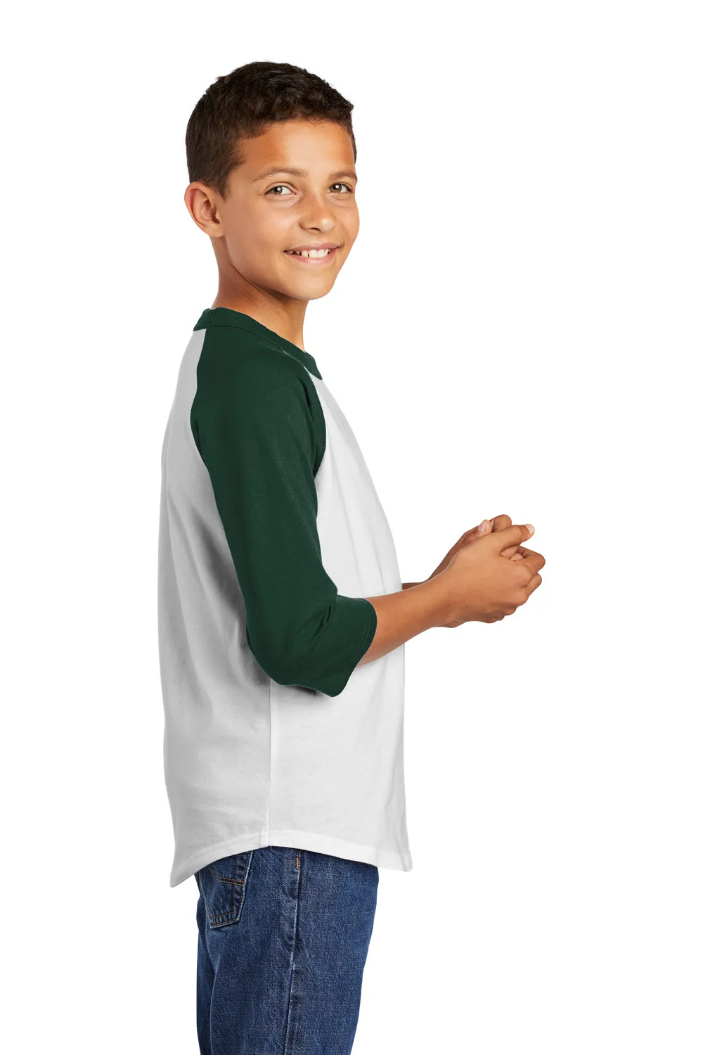 Sport-Tek Youth 3/4 Sleeve Crewneck T-Shirt - White/Forest Green