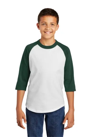 Sport-Tek Youth 3/4 Sleeve Crewneck T-Shirt - White/Forest Green