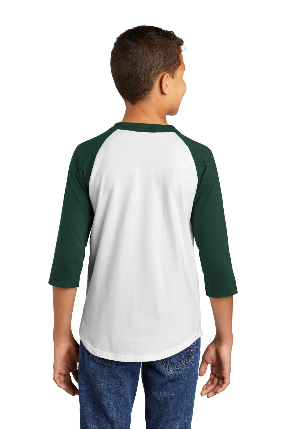 Sport-Tek Youth 3/4 Sleeve Crewneck T-Shirt - White/Forest Green