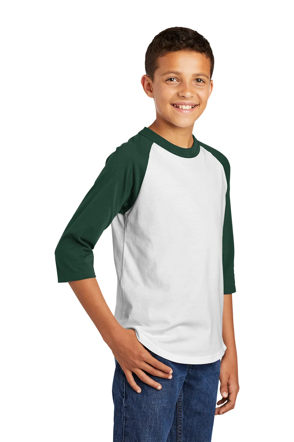 Sport-Tek Youth 3/4 Sleeve Crewneck T-Shirt - White/Forest Green