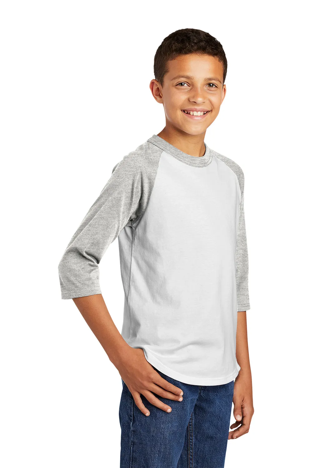Sport-Tek Youth 3/4 Sleeve Crewneck T-Shirt - White/Heather Grey