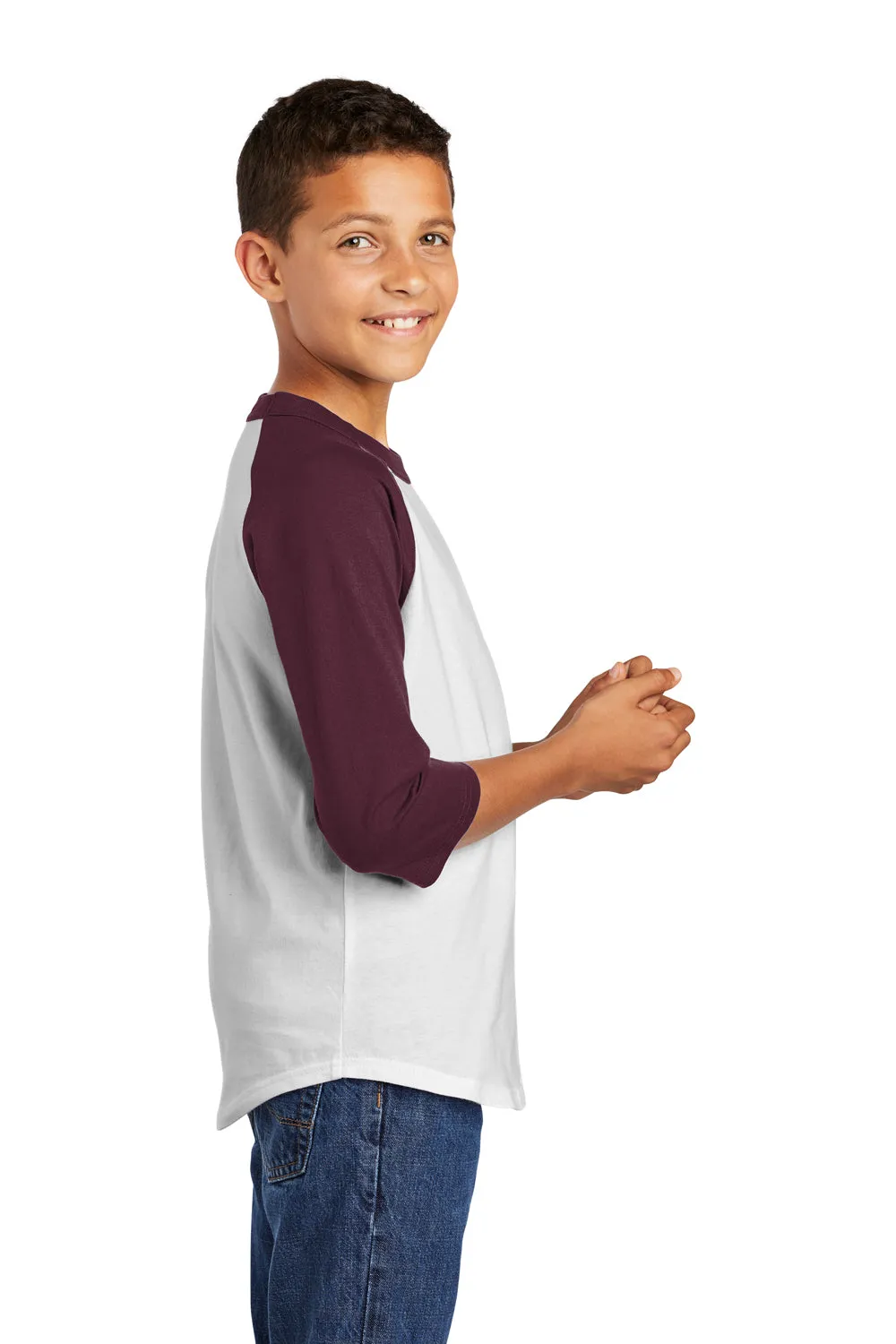 Sport-Tek Youth 3/4 Sleeve Crewneck T-Shirt - White/Maroon