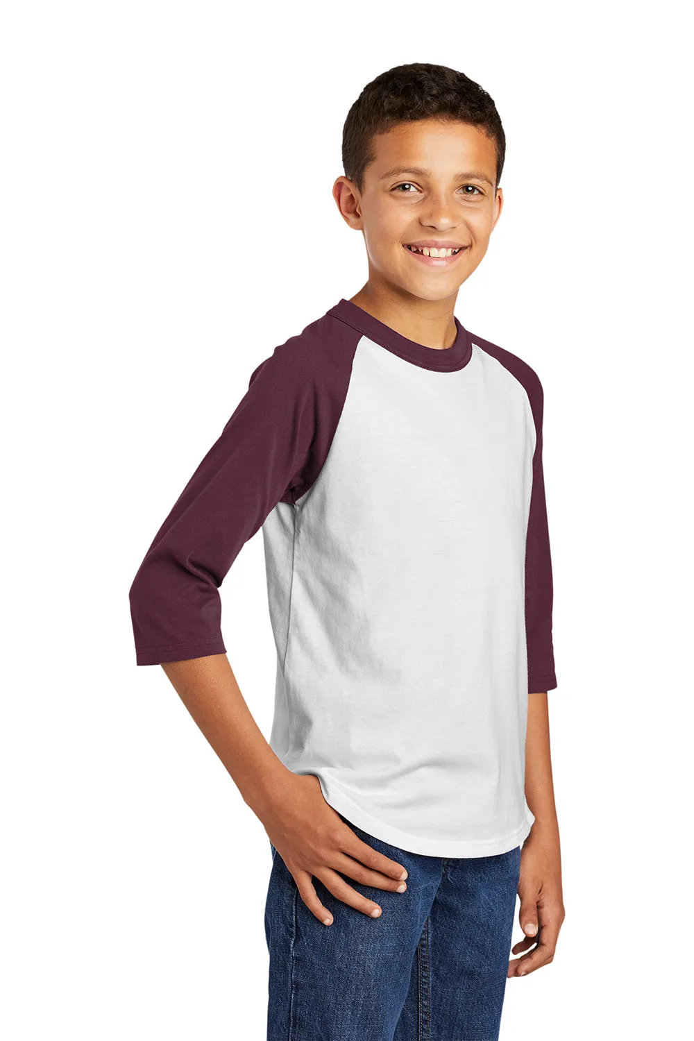 Sport-Tek Youth 3/4 Sleeve Crewneck T-Shirt - White/Maroon