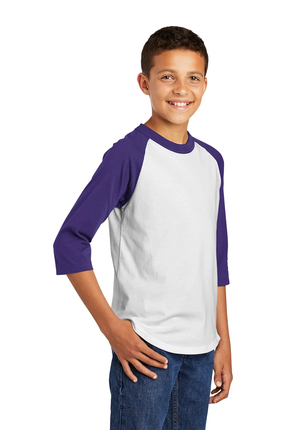 Sport-Tek Youth 3/4 Sleeve Crewneck T-Shirt - White/Purple