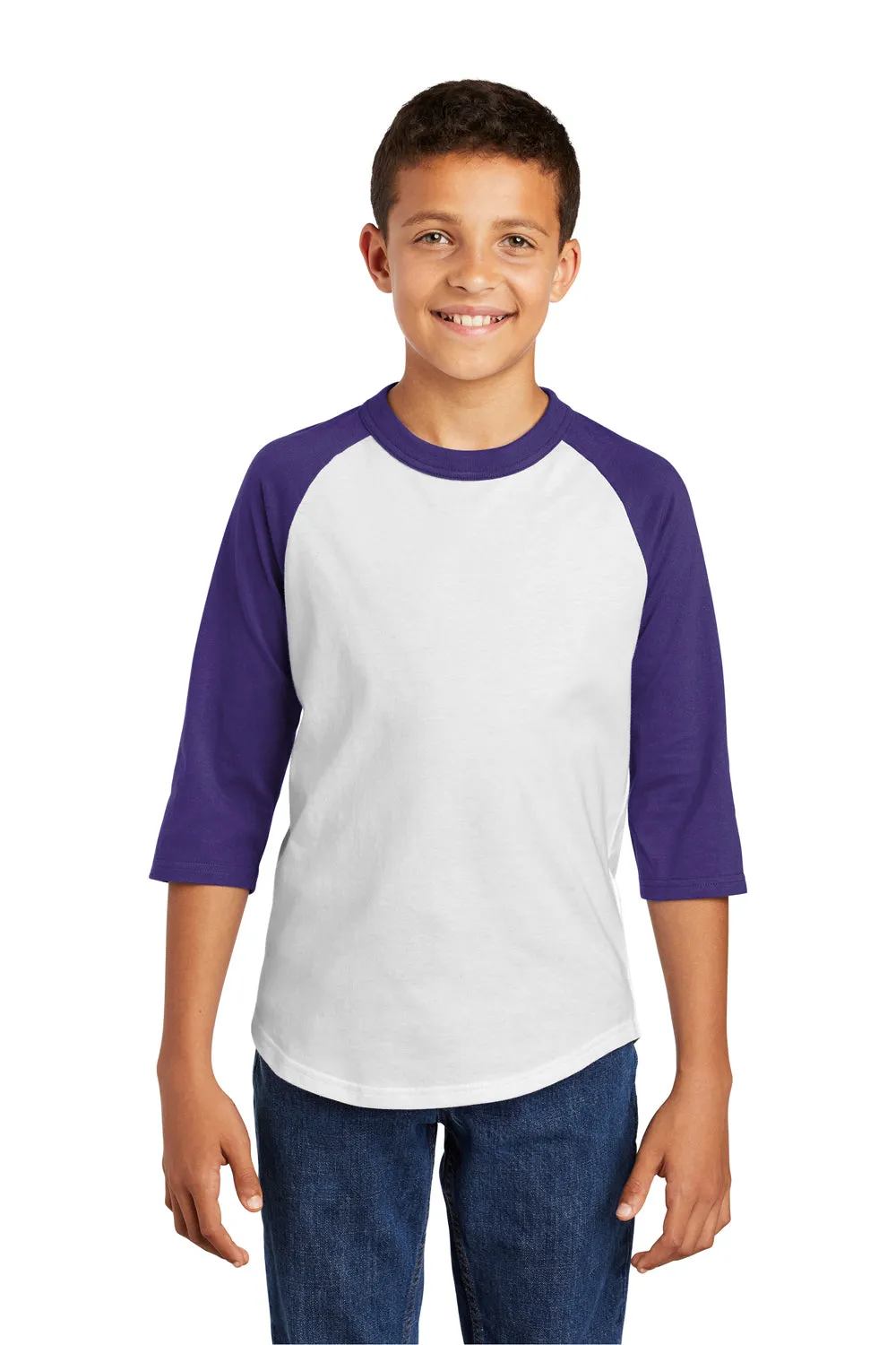 Sport-Tek Youth 3/4 Sleeve Crewneck T-Shirt - White/Purple