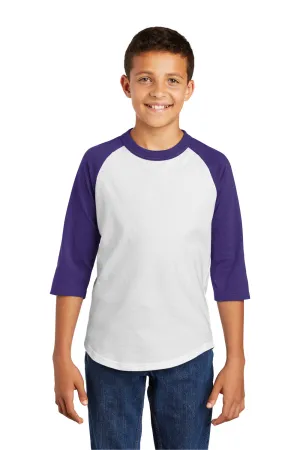 Sport-Tek Youth 3/4 Sleeve Crewneck T-Shirt - White/Purple