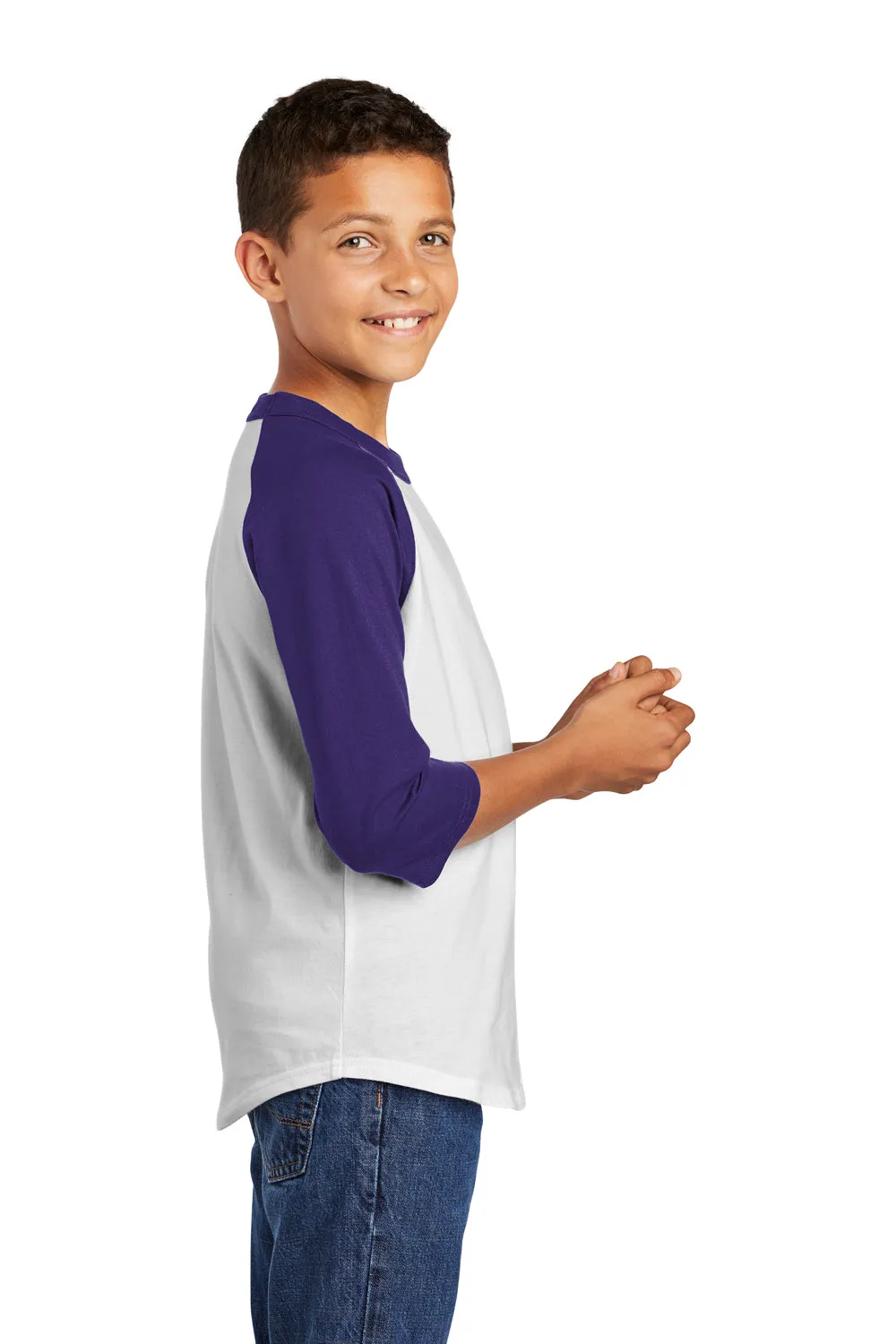 Sport-Tek Youth 3/4 Sleeve Crewneck T-Shirt - White/Purple
