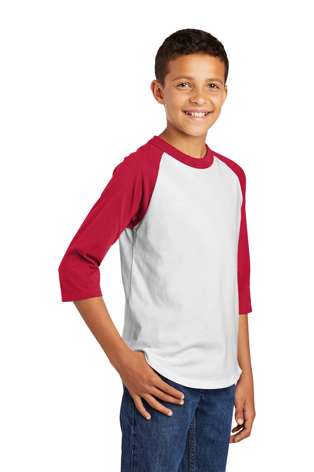 Sport-Tek Youth 3/4 Sleeve Crewneck T-Shirt - White/Red