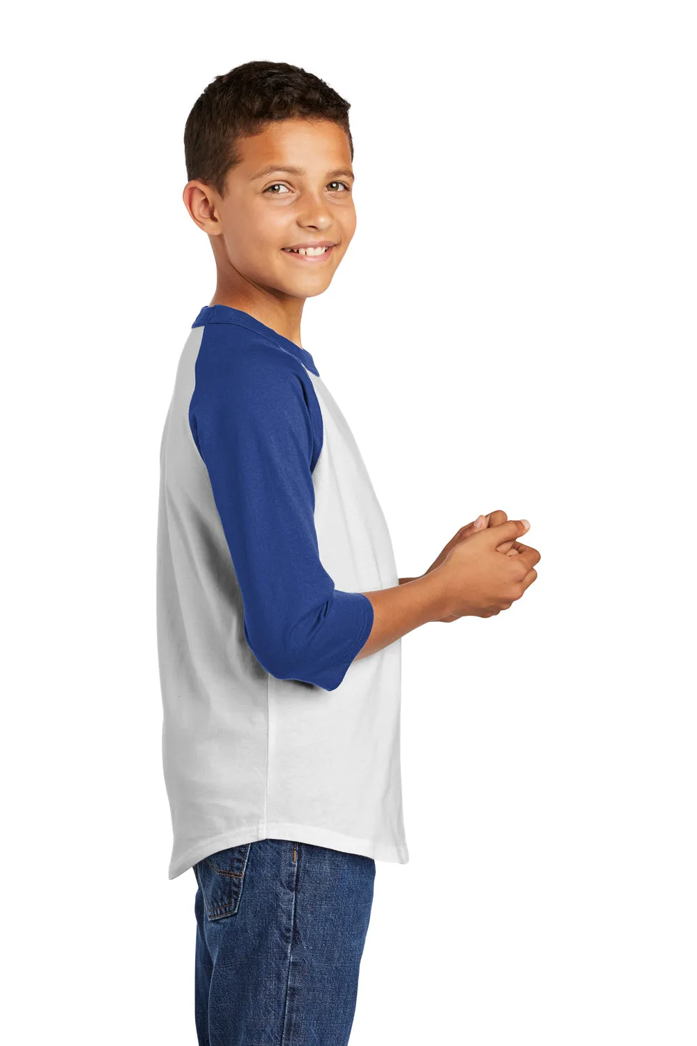 Sport-Tek Youth 3/4 Sleeve Crewneck T-Shirt - White/Royal Blue
