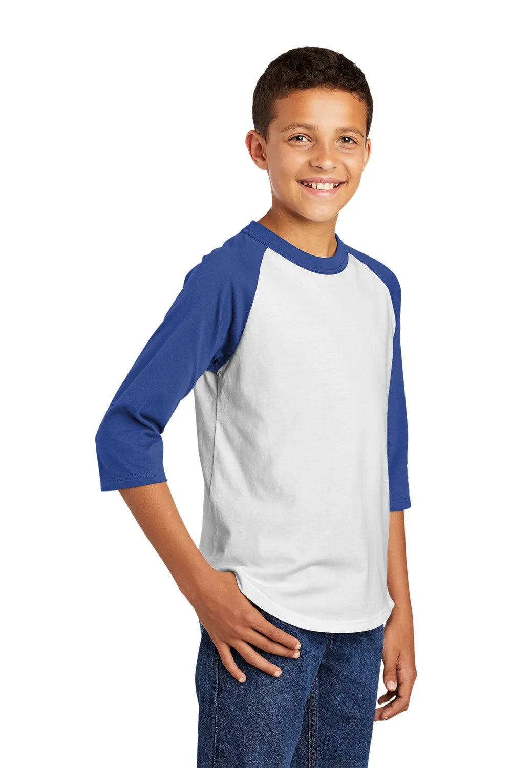 Sport-Tek Youth 3/4 Sleeve Crewneck T-Shirt - White/Royal Blue